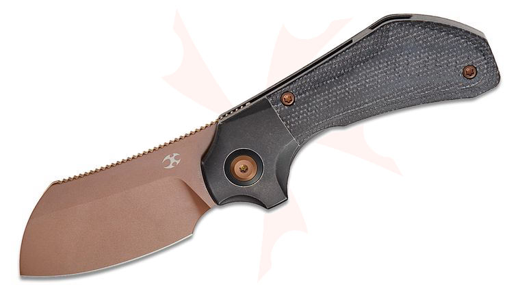 Kansept Knives Paul Munko Pluto Bolster Lock Flipper Knife 2.5 inch S90V Rose Gold Drop Point Blade and Bolstered Titanium Handles with Black Micarta Scales