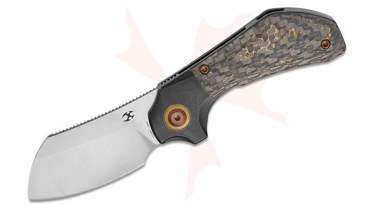 Kansept Knives Paul Munko Pluto Bolster Lock Flipper Knife 2.5 inch S90V Satin Drop Point Blade, Black Stonewashed Bolstered Titanium Handles with Snake Skin Gold FatCarbon Scales