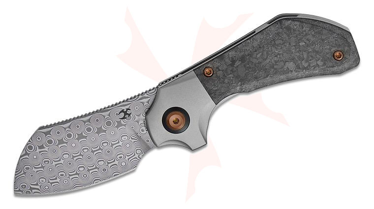 Kansept Knives Paul Munko Pluto Bolster Lock Flipper Knife 2.5 inch Damascus Drop Point Blade, Stonewashed Bolstered Titanium Handles with Shred Carbon Fiber Scales