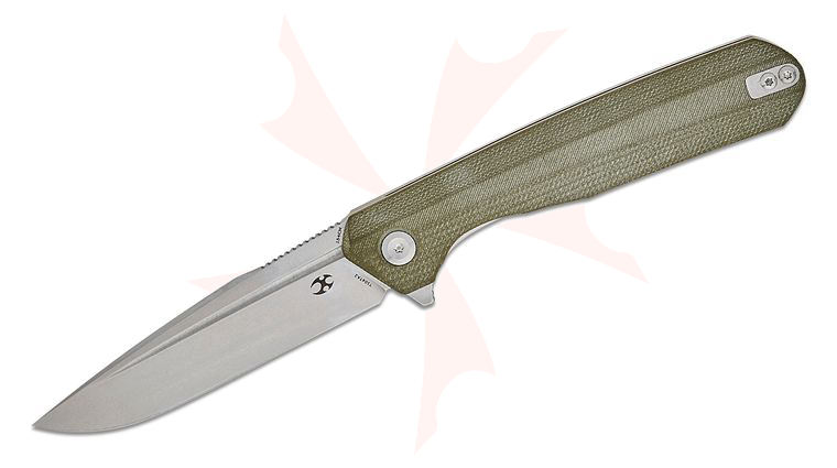 Kansept Knives Ostap Hel Qilin Flipper Knife 3.43 inch 154CM Stonewashed Drop Point Blade, Olive Green G10 Handles