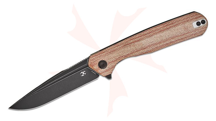Kansept Knives Ostap Hel Qilin Flipper Knife 3.43 inch 154CM Black Stonewashed Drop Point Blade, Brown Micarta Handles