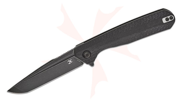 Kansept Knives Ostap Hel Qilin Flipper Knife 3.43 inch 154CM Black Stonewashed Tanto Blade, Carbon Fiber Handles