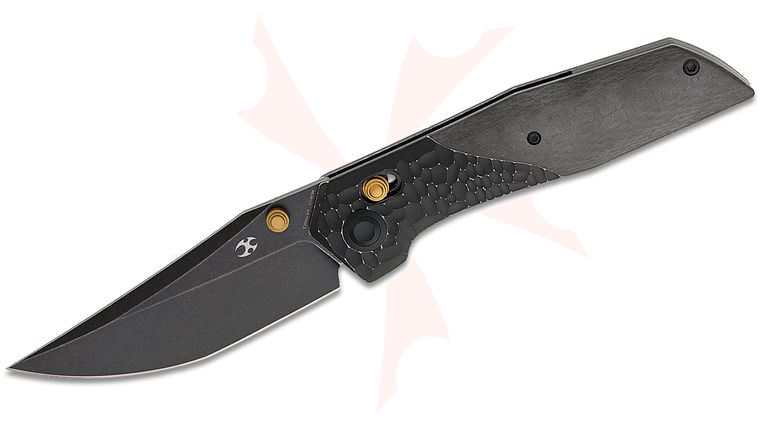 Kansept Knives Deadite Crossbar Lock Folding Knife 3.52 inch 154CM Black Stonewashed Clip Point Blade, Black Stonewashed Rock Textured Aluminum and Twill Carbon Fiber Handles