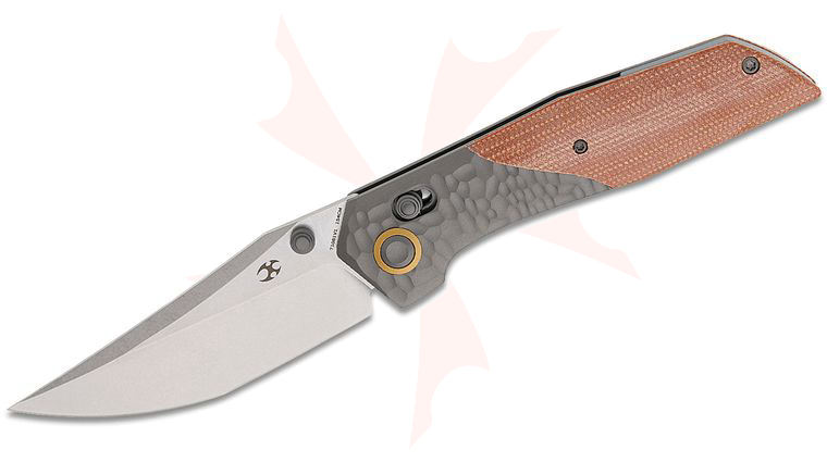 Kansept Knives Deadite Crossbar Lock Folding Knife 3.52 inch 154CM Stonewashed Clip Point Blade, Gray Rock Textured Aluminum and Brown Micarta Handles