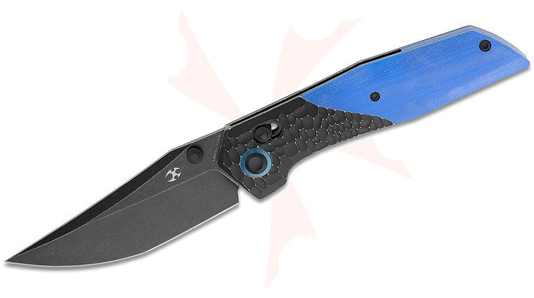 Kansept Knives Deadite Crossbar Lock Folding Knife 3.52 inch 154CM Black Stonewashed Clip Point Blade, Black Stonewashed Rock Textured Aluminum and Blue G10 Handles