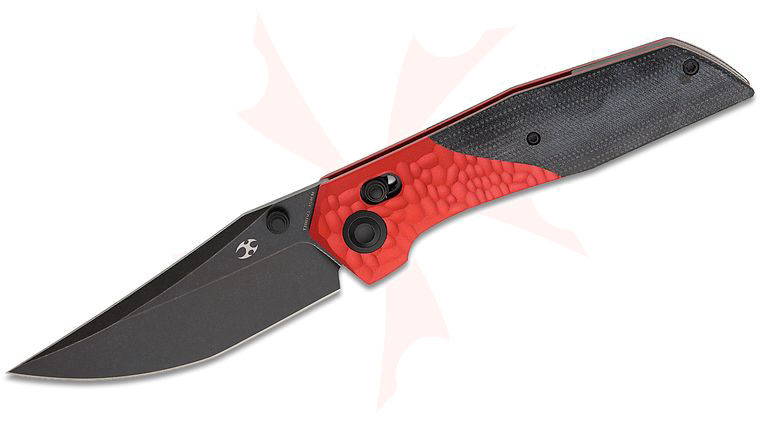 Kansept Knives Deadite Crossbar Lock Folding Knife 3.52 inch 154CM Black Stonewashed Clip Point Blade, Red Rock Textured Aluminum and Black Micarta Handles