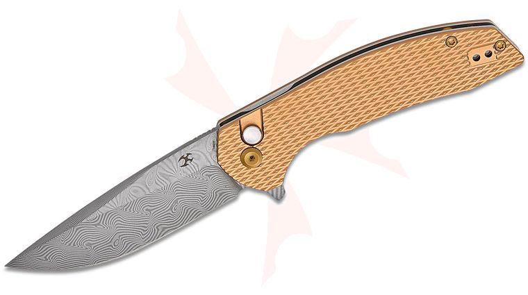 Kansept Knives Accipiter Button Lock Flipper Knife 3.53 inch 14C28N  inchWater Ripple inch Damascus Drop Point Blade, Bronze Diamond Texture Aluminum Handles