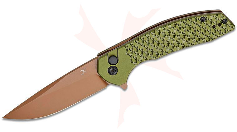 Kansept Knives Accipiter Button Lock Flipper Knife 3.53 inch 14C28N Rose Gold Drop Point Blade, Green Fish Scale Aluminum Handles