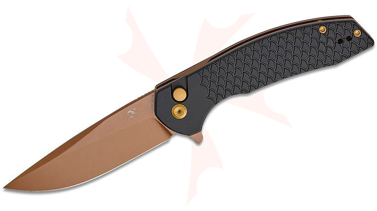 Kansept Knives Accipiter Button Lock Flipper Knife 3.53 inch 14C28N Rose Gold Drop Point Blade, Black Fish Scale Aluminum Handles