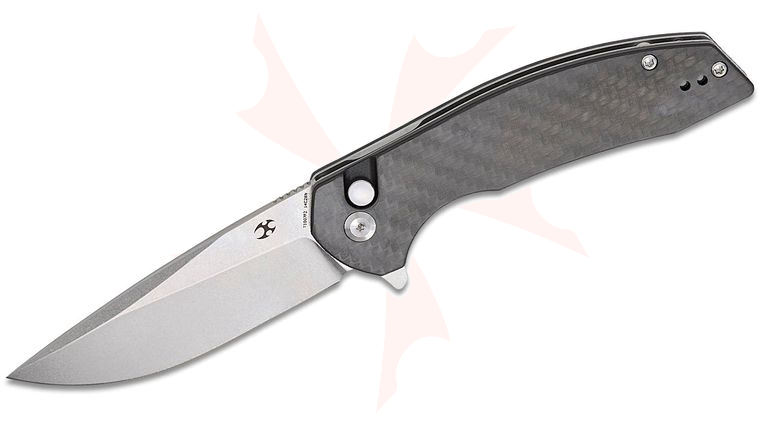 Kansept Knives Accipiter Button Lock Flipper Knife 3.53 inch 14C28N Stonewashed Drop Point Blade, Twill Carbon Fiber and Black G10 Handles