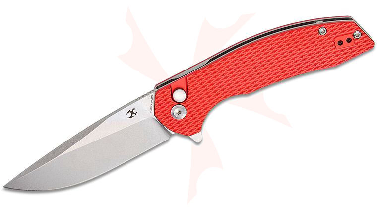Kansept Knives Accipiter Button Lock Flipper Knife 3.53 inch 14C28N Stonewashed Drop Point Blade, Red Diamond Texture Aluminum Handles