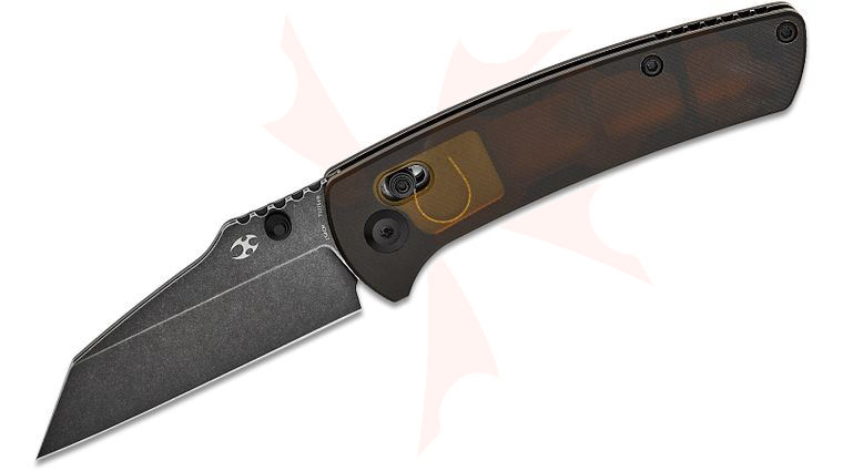Kansept Knives Dirk Pinkerton Main Street Crossbar Lock Folding Knife 3.36 inch 154CM Black Stonewashed Wharncliffe Blade, Light Brown Acrylic Handles