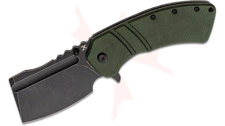 Kansept Knives XL Korvid Flipper Knife 3.55 inch 154CM Black Stonewashed Cleaver Blade, Green Canvas Micarta Handles