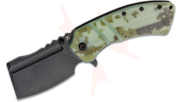 Kansept Knives XL Korvid Flipper Knife 3.55 inch 154CM Black Stonewashed Cleaver Blade, Jade/Camo G10 Handles