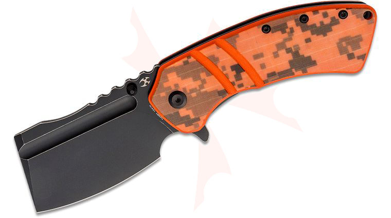 Kansept Knives XL Korvid Flipper Knife 3.55 inch 154CM Black Cleaver Blade, Orange/Camo G10 Handles