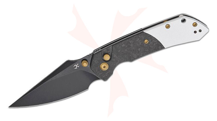 Kansept Knives Fenrir Button Lock Folding Knife 3.48 inch 154CM Black Stonewashed Harpoon Blade, Stonewashed Aluminum Handles with Shred Carbon Fiber Onlays