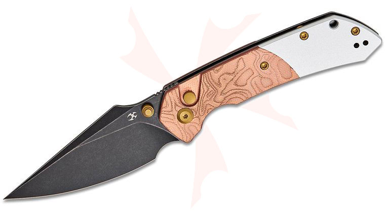Kansept Knives Fenrir Button Lock Folding Knife 3.48 inch 154CM Black Stonewashed Harpoon Blade, Gray Aluminum Handles with Copper Foil Onlays