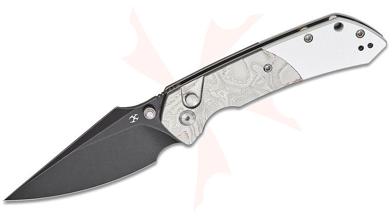 Kansept Knives Fenrir Button Lock Folding Knife 3.48 inch 154CM Black Stonewashed Harpoon Blade, Gray Aluminum Handles with Aluminum Foil Onlays