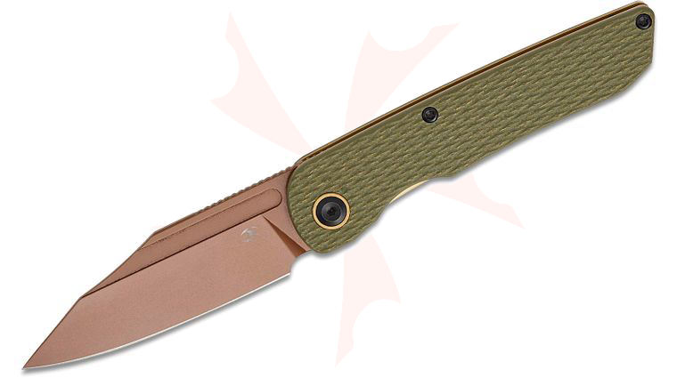 Kansept Knives Nettle Front Flipper Knife 3.28 inch 154CM Rose Gold Reverse Tanto Blade, Diamond Texture Olive Green Aluminum Handles