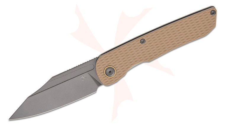 Kansept Knives Nettle Front Flipper Knife 3.28 inch 154CM Gray TiNi Coated Reverse Tanto Blade, Diamond Texture Light Sand G10 Handles