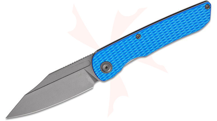 Kansept Knives Nettle Front Flipper Knife 3.28 inch 154CM Gray TiNi Coated Reverse Tanto Blade, Diamond Texture Blue Aluminum Handles