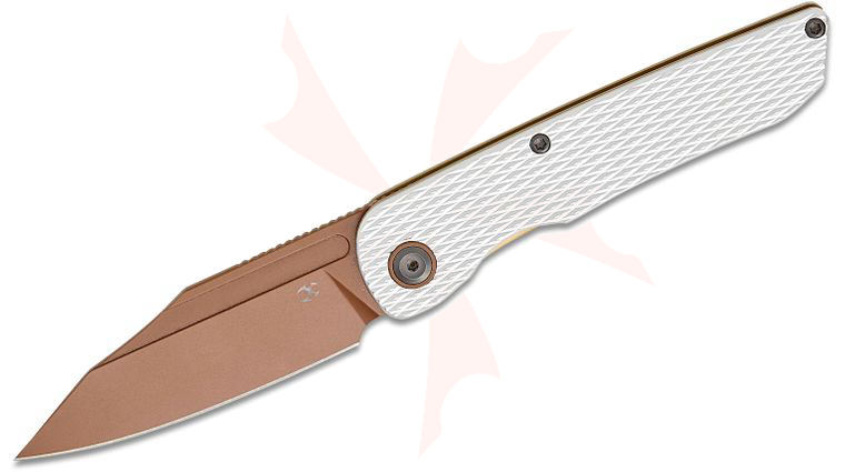 Kansept Knives Nettle Front Flipper Knife 3.28 inch 154CM Rose Gold Reverse Tanto Blade, Diamond Texture Silver Aluminum Handles