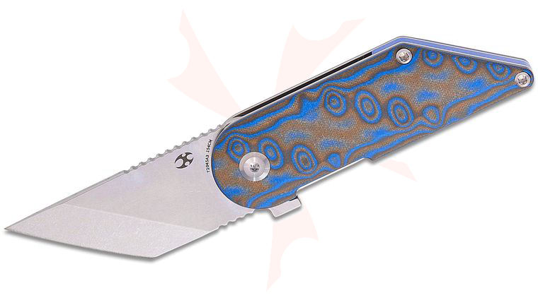 Kansept Knives Dirk Pinkerton Dash Flipper Knife 2.26 inch 154CM Stonewashed Tanto Blade, Blue and Yellow Vortex Micarta Handles