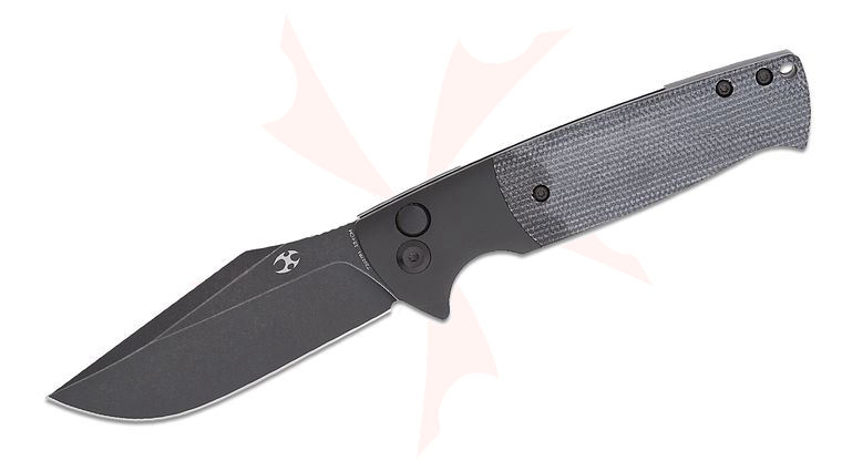 Kansept Knives Shikari SBL Button Lock Flipper Knife 3.56 inch 154CM Black Stonewashed Clip Point Blade, Bolstered Black Aluminum Handles with Black Micarta Inlays