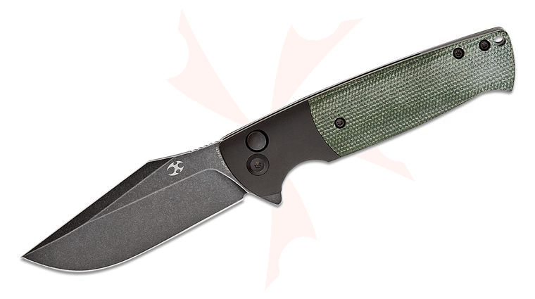 Kansept Knives Shikari SBL Button Lock Flipper Knife 3.56 inch 154CM Black Stonewashed Clip Point Blade, Bolstered Black Aluminum Handles with Green Micarta Inlays