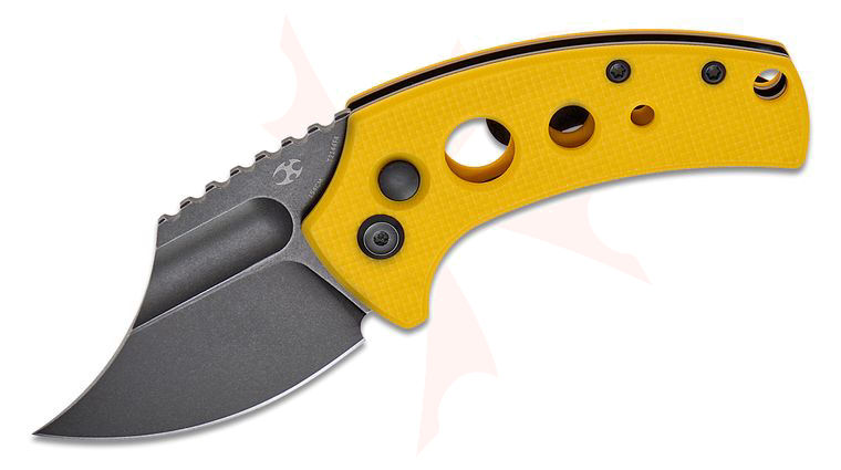Kansept Knives Koch Tools Wasp Button Lock Front Flipper Knife 2.36 inch 154CM Black Stonewashed Harpoon Clip Point Blade, Yellow G10 Handles with Holes