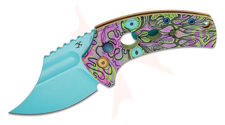 Kansept Knives Koch Tools Wasp Button Lock Front Flipper Knife 2.36 inch 154CM Light Blue Harpoon Clip Point Blade, Jade G10 Handles with Purple Undead Print and Holes