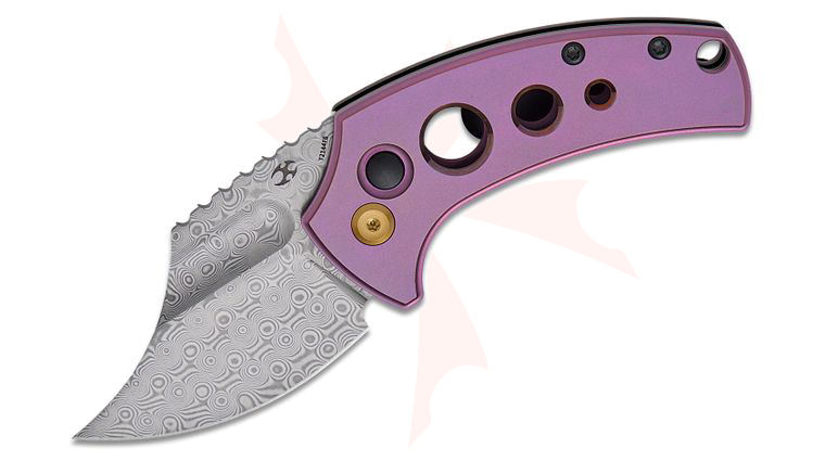 Kansept Knives Koch Tools Wasp Button Lock Front Flipper Knife 2.36 inch Damascus Harpoon Clip Point Blade, Purple Titanium Handles with Holes