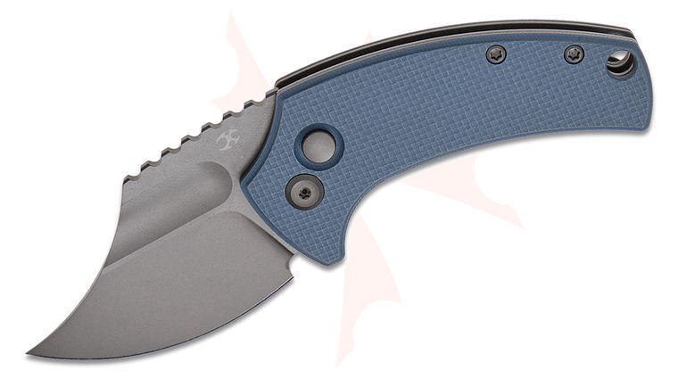 Kansept Knives Koch Tools Wasp Button Lock Front Flipper Knife 2.36 inch 154CM Gray TiCN Harpoon Clip Point Blade, Light Gray G10 Handles