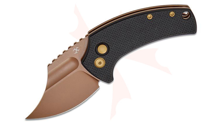 Kansept Knives Koch Tools Wasp Button Lock Front Flipper Knife 2.36 inch 154CM Rose Gold Harpoon Clip Point Blade, Black G10 Handles