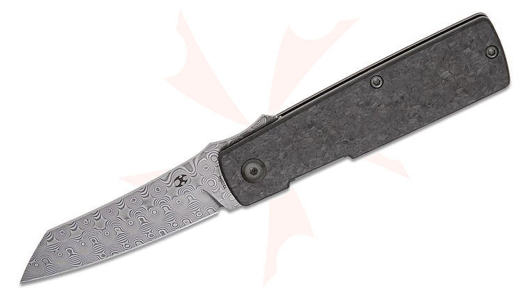 Kansept Knives Goran Mihajlovic Higonokami Liner Lock Front Flipper Knife 3.02  inch Damascus Reverse Tanto Blade, Shred Carbon Fiber Handles