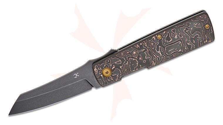 Kansept Knives Goran Mihajlovic Higonokami Liner Lock Front Flipper Knife 3.02  inch 154CM Black Stonewashed Reverse Tanto Blade, Copper Carbon Fiber Handles