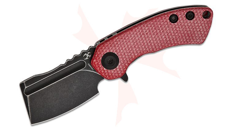 Kansept Knives Mini Korvid Flipper Knife 1.45 inch 154CM Black Stonewashed Cleaver Blade, Red Canvas Micarta Handles