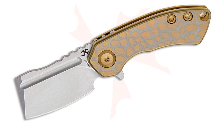 Kansept Knives Mini Korvid Flipper Knife 1.45 inch 154CM Stonewashed Cleaver Blade, Gold Cracked Eggshell Titanium Handles