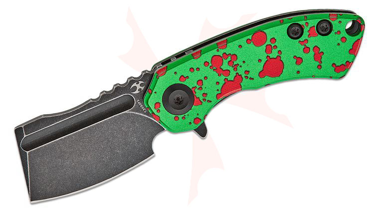 Kansept Knives Mini Korvid Liner Lock Flipper Knife 1.45 inch 154CM Black Stonewashed Cleaver Blade, Zombie Green/Splatter Aluminum Handles