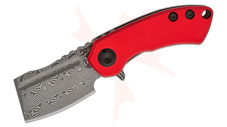 Kansept Knives Mini Korvid Liner Lock Flipper Knife 1.45 inch Damascus Cleaver Blade, Red Aluminum Handles