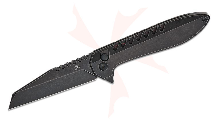 Kansept Knives Kosame Button Lock Flipper Knife 3.37 inch 154CM Black Stonewashed Wharncliffe Blade, Black Stonewashed Titanium Handles with Red and Black G-Mascus Inlays