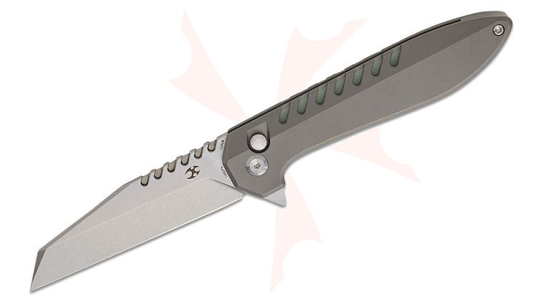 Kansept Knives Kosame Button Lock Flipper Knife 3.37 inch 154CM Stonewashed Wharncliffe Blade, Stonewashed Titanium Handles with Jade G10 Inlays