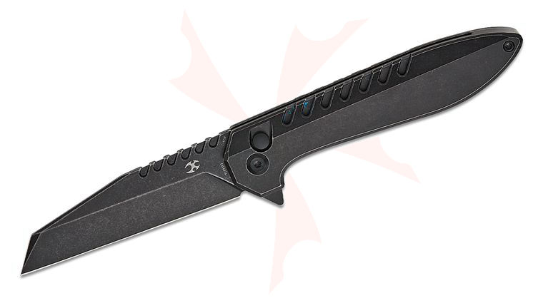 Kansept Knives Kosame Button Lock Flipper Knife 3.37 inch 154CM Black Stonewashed Wharncliffe Blade, Black Stonewashed Titanium Handles with Blue Carbon Fiber Inlays