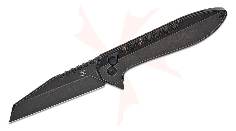 Kansept Knives Kosame Button Lock Flipper Knife 3.37 inch 154CM Black Stonewashed Wharncliffe Blade, Black Stonewashed Titanium Handles with Copper Carbon Fiber Inlays
