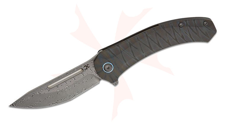 Kansept Knives Hira Frame Lock Flipper Knife 3.46 inch Damascus Modified Tanto Blade, Tiger Stripe Flamed Titanium Handles