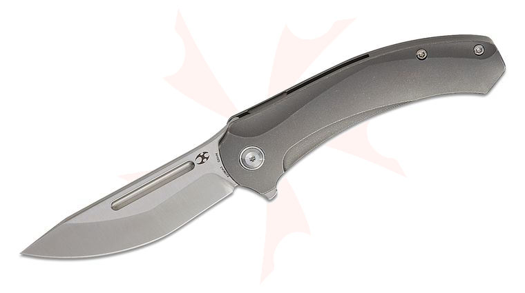 Kansept Knives Hira Frame Lock Flipper Knife 3.46 inch CPM-S35VN Satin Modified Tanto Blade, Gray Anodized Titanium Handles
