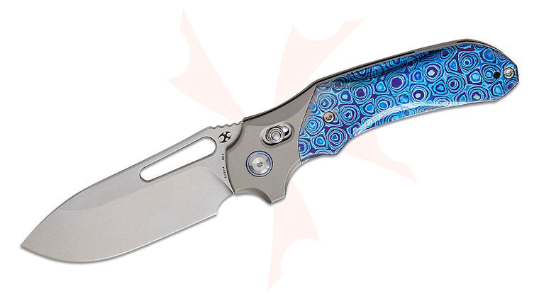Kansept Knives Quasar Crossbar Lock Folding Knife 3.38 inch CPM-20CV Stonewashed Drop Point Blade, Timascus Handles with Stonewashed Titanium Bolsters