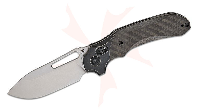 Kansept Knives Quasar Crossbar Lock Folding Knife 3.38 inch CPM-20CV Stonewashed Drop Point Blade, Twill Carbon Fiber Handles with Black Stonewashed Titanium Bolsters