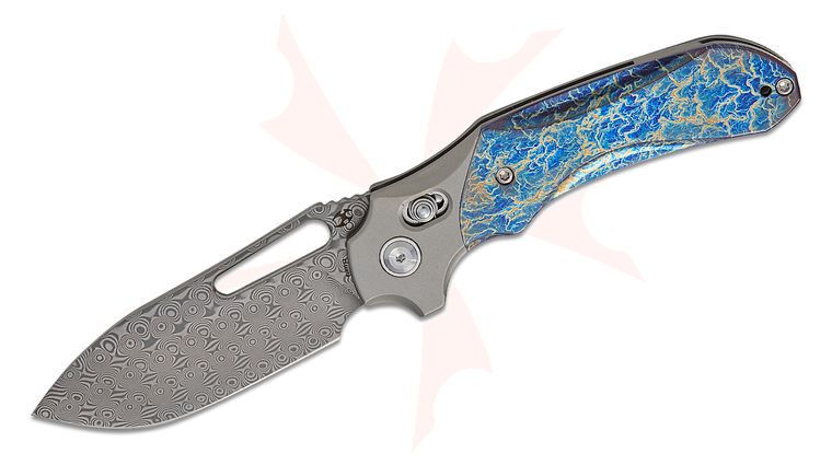 Kansept Knives Quasar Crossbar Lock Folding Knife 3.38 inch Damascus Drop Point Blade, Lightning Strike Titanium Handles with Stonewashed Titanium Bolsters