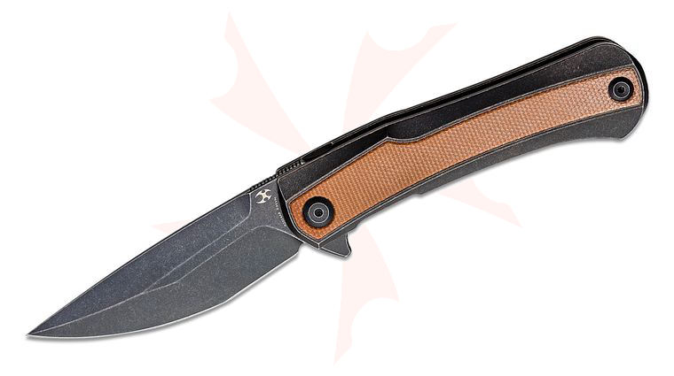 Kansept Knives Kratos Flipper Knife 3.79 inch CPM-S35VN Black TiCn Clip Point Blade, Black Titanium Handles with Brown Micarta Inlays